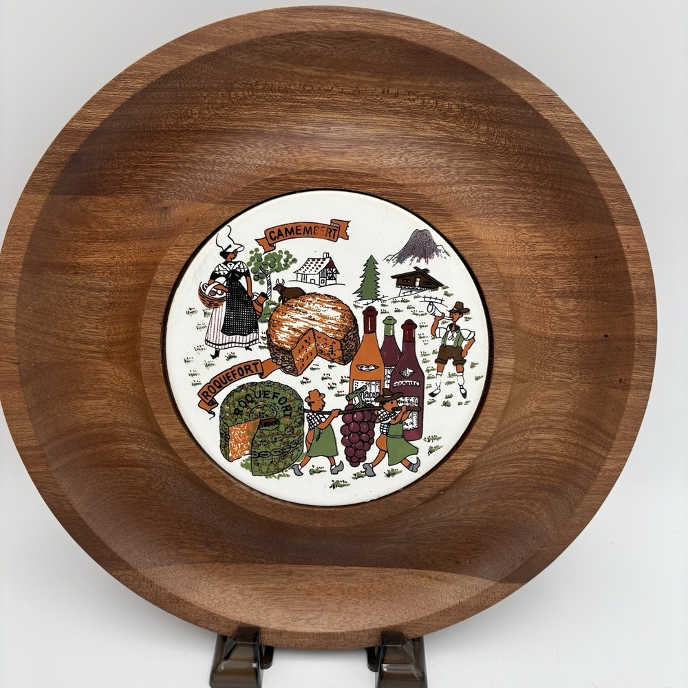 Vintage 13" Dolphin Round Cheese Serving Board Philippines Wood w Original Box‎